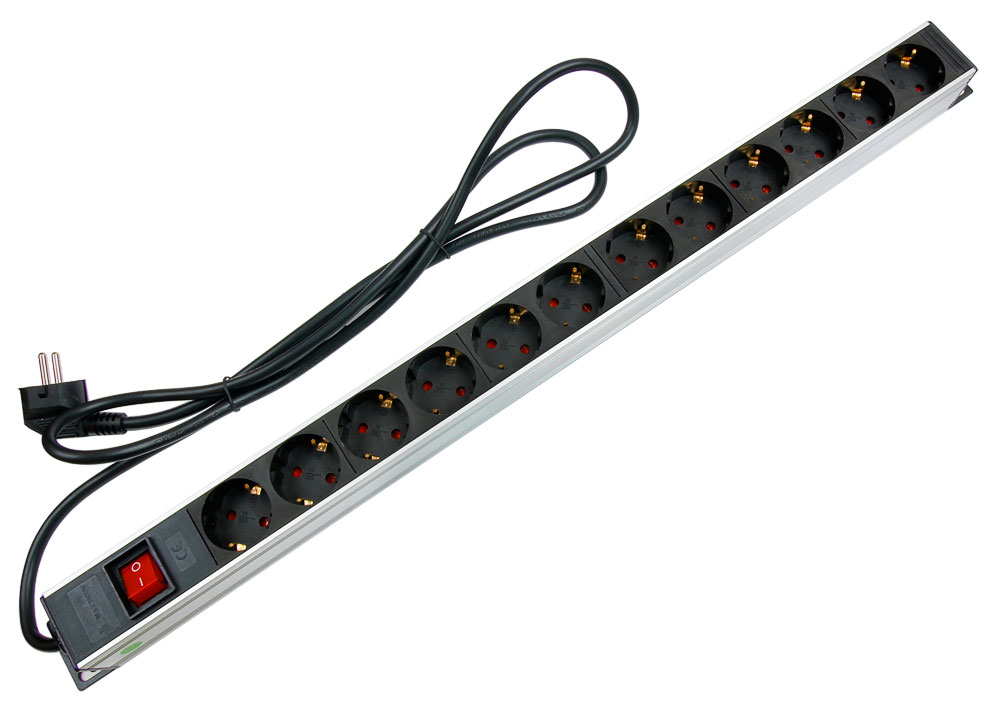 Cabeus PDU-12P-2EU Блок евророзеток вертикальный для шкафов, 12 розеток, 16 A, выключатель, шнур 2м, алюминиевый корпус, немецкий стандарт