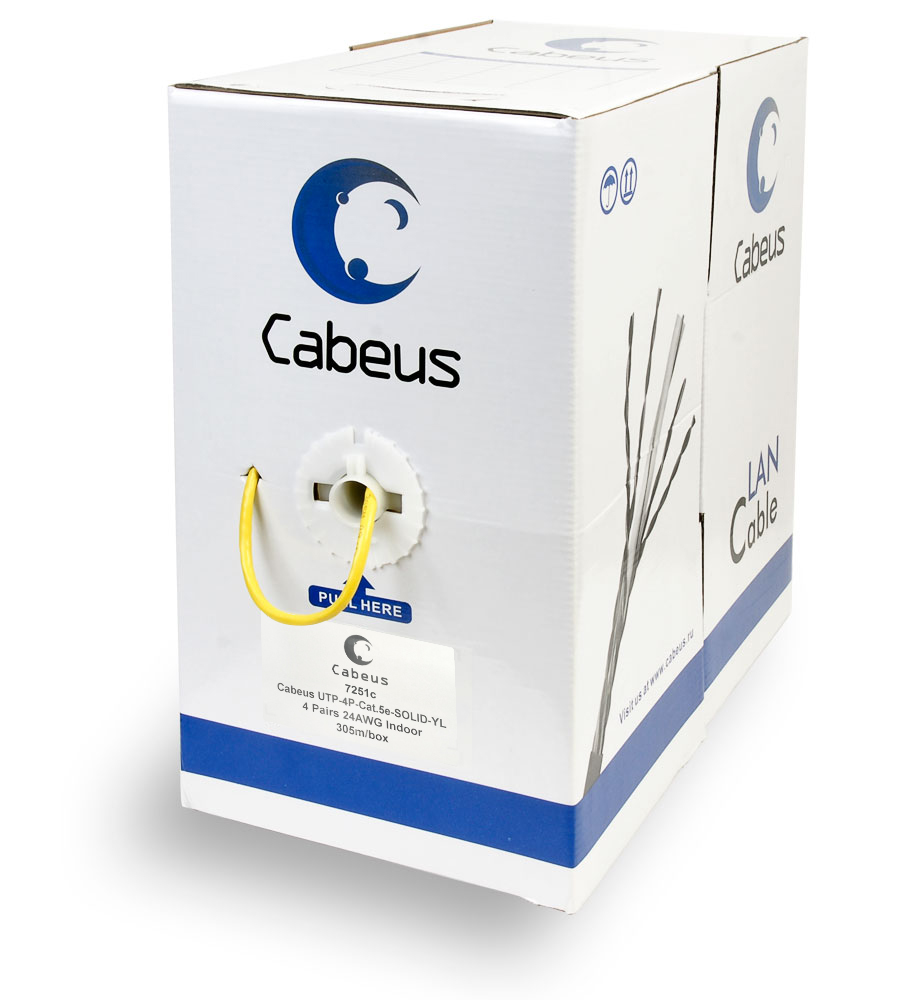 Упаковка Cabeus UTP-4P-Cat.5e-SOLID-YL Кабель витая пара UTP (U/UTP), категория 5e, 4 пары 0,51мм (24 AWG), одножильный, желтый (305 м) Упаковка Cabeus UTP-4P-Cat.5e-SOLID-YL Кабель витая пара UTP (U/UTP), категория 5e, 4 пары 0,51мм (24 AWG), одножильный, желтый (305 м)