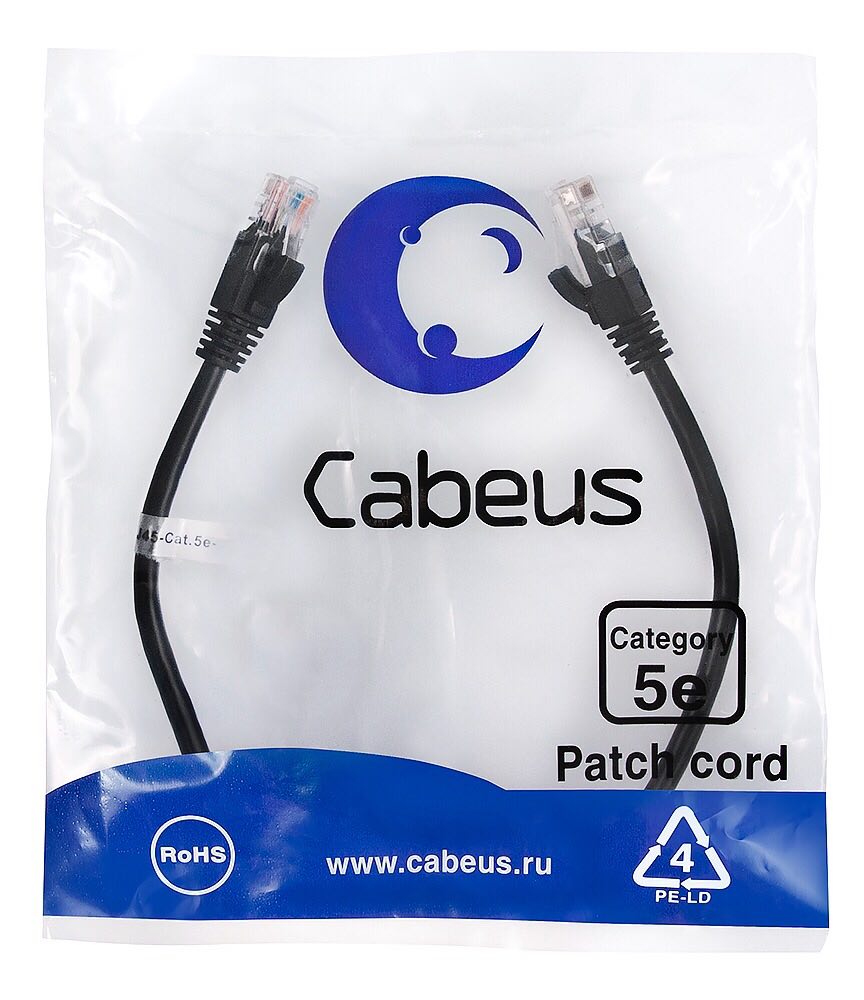 Упаковка Cabeus PC-UTP-RJ45-Cat.5e-BK Патч-корд UTP, категория 5e, неэкранированный, черный Cabeus PC-UTP-RJ45-Cat.5e-BK Патч-корд UTP, категория 5e, неэкранированный, черный