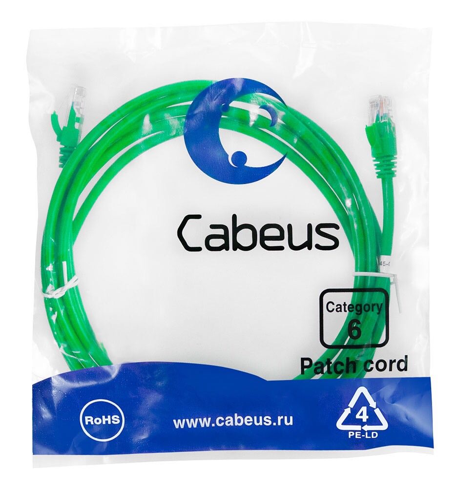 Упаковка Cabeus PC-UTP-RJ45-Cat.6-GN Патч-корд UTP, категория 6, неэкранированный, зеленый Упаковка Cabeus PC-UTP-RJ45-Cat.6-GN Патч-корд UTP, категория 6, неэкранированный, зеленый